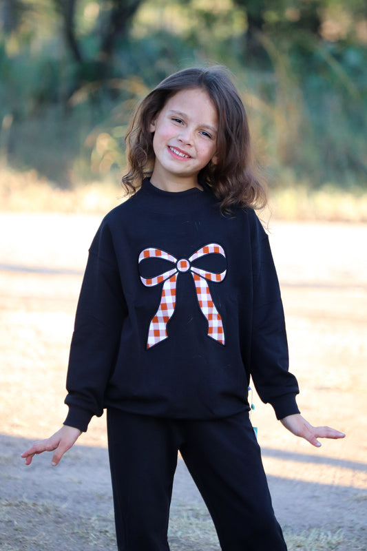 Gingham Bow Flare Mock-neck Set